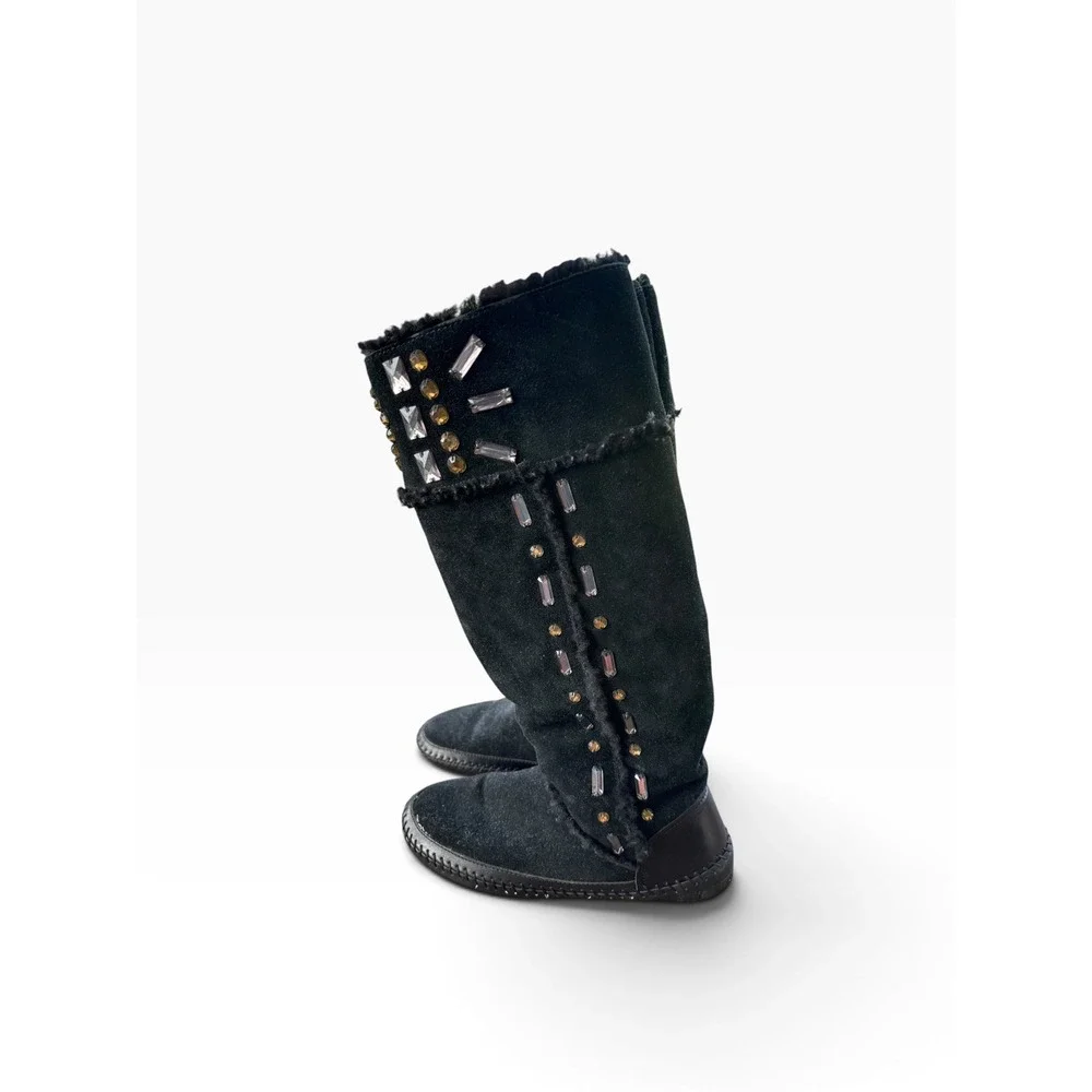 Tory Burch Moccasin Boots 8 Black Suede Crystal Rhinestone Tall Boho Sherpa
